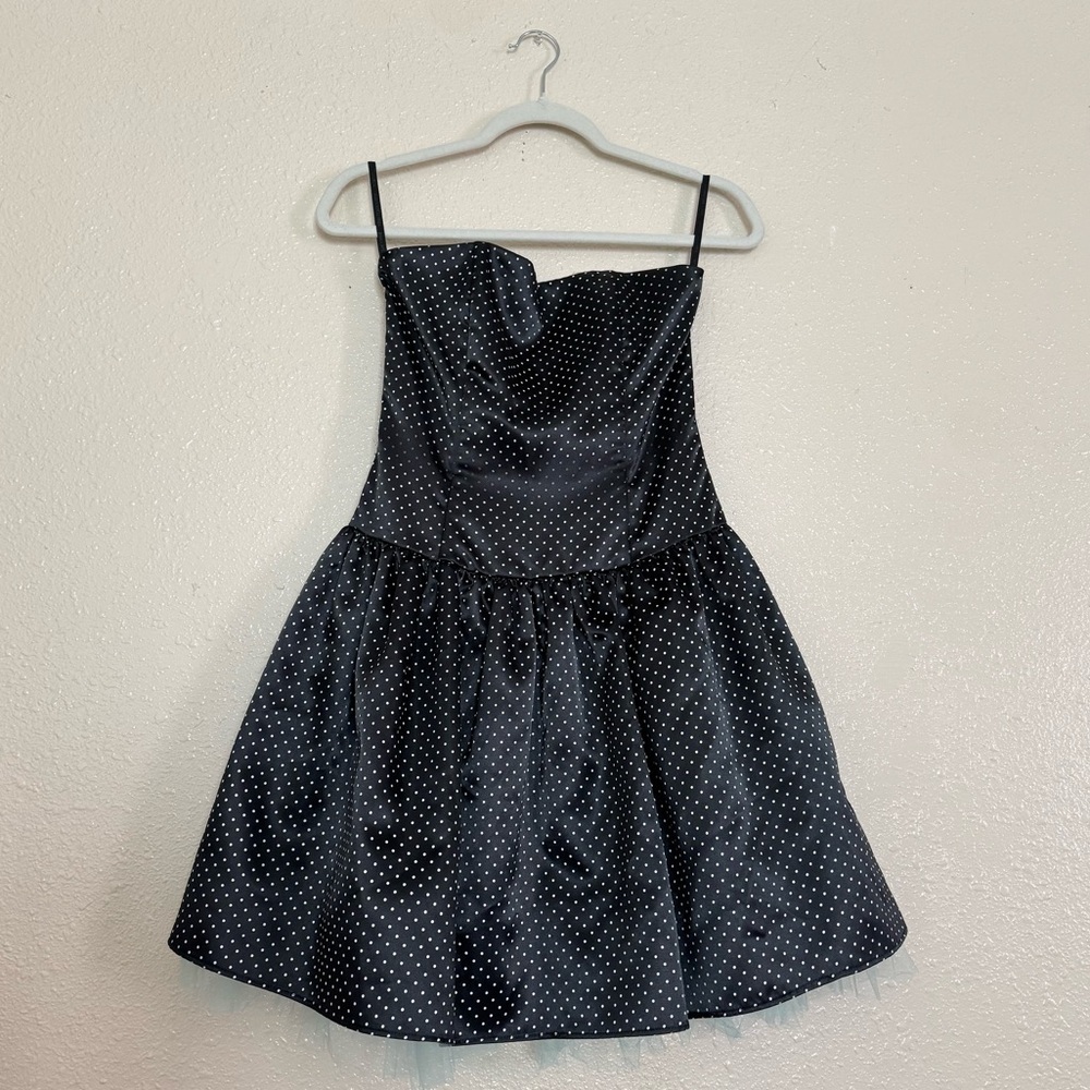 Jessica McClintock Gunne Sax Vintage Polka Dot Strapless Party Dress Blue Tulle